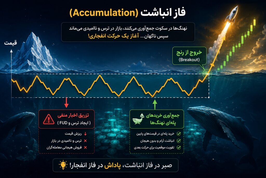 نقشه راه آلتسیزن؛ چگونه سیگنالهای چرخش سرمایه را قبل از بقیه کشف کنیم؟ 7 گرافیک فاز انباشت وایکوف و تلههای نهنگ های ارز دیجیتال